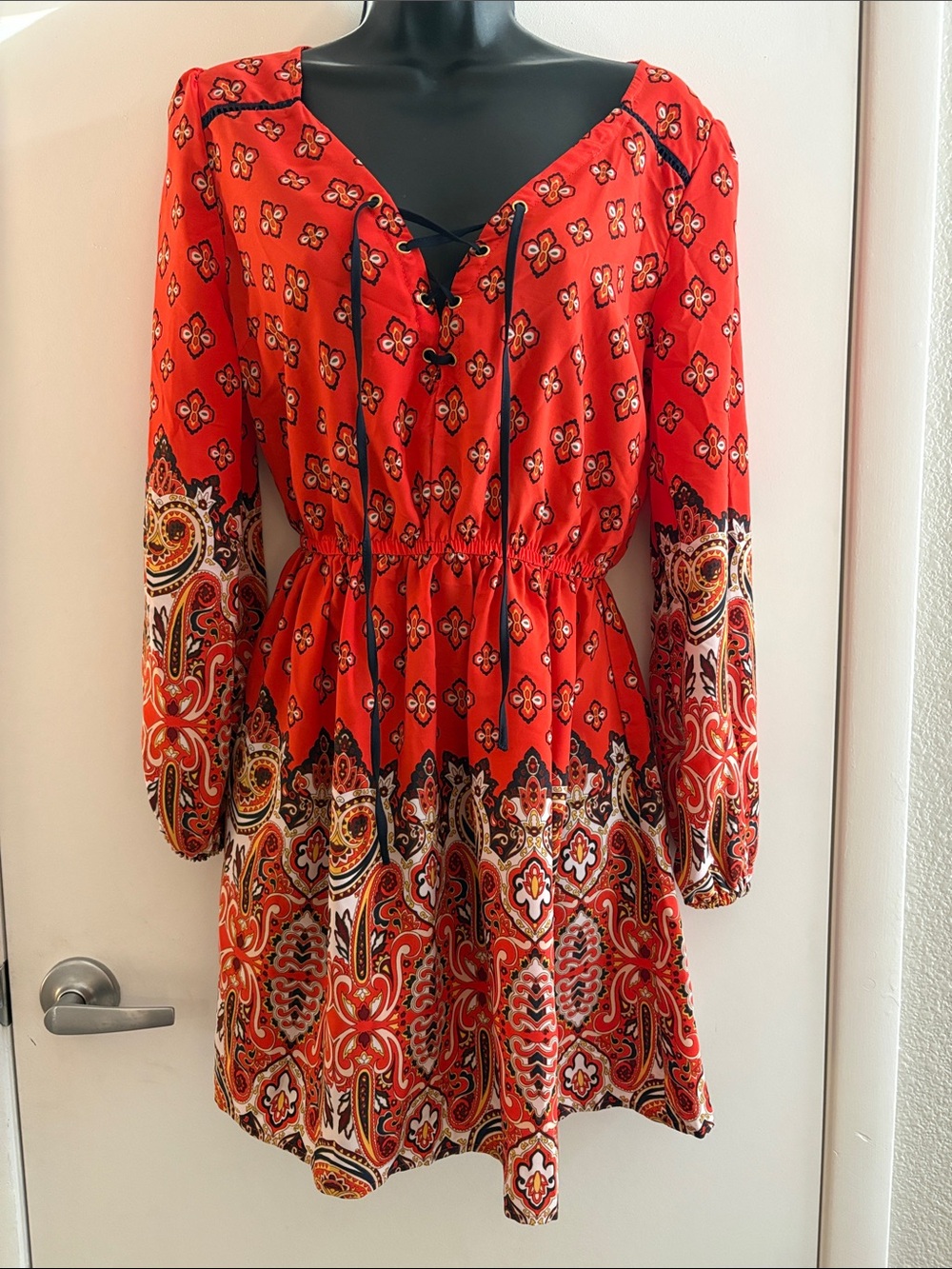 G by Guess Orange BOHO Festival Beach Paisley Print Long-Sleeve Mini Dress SZ S